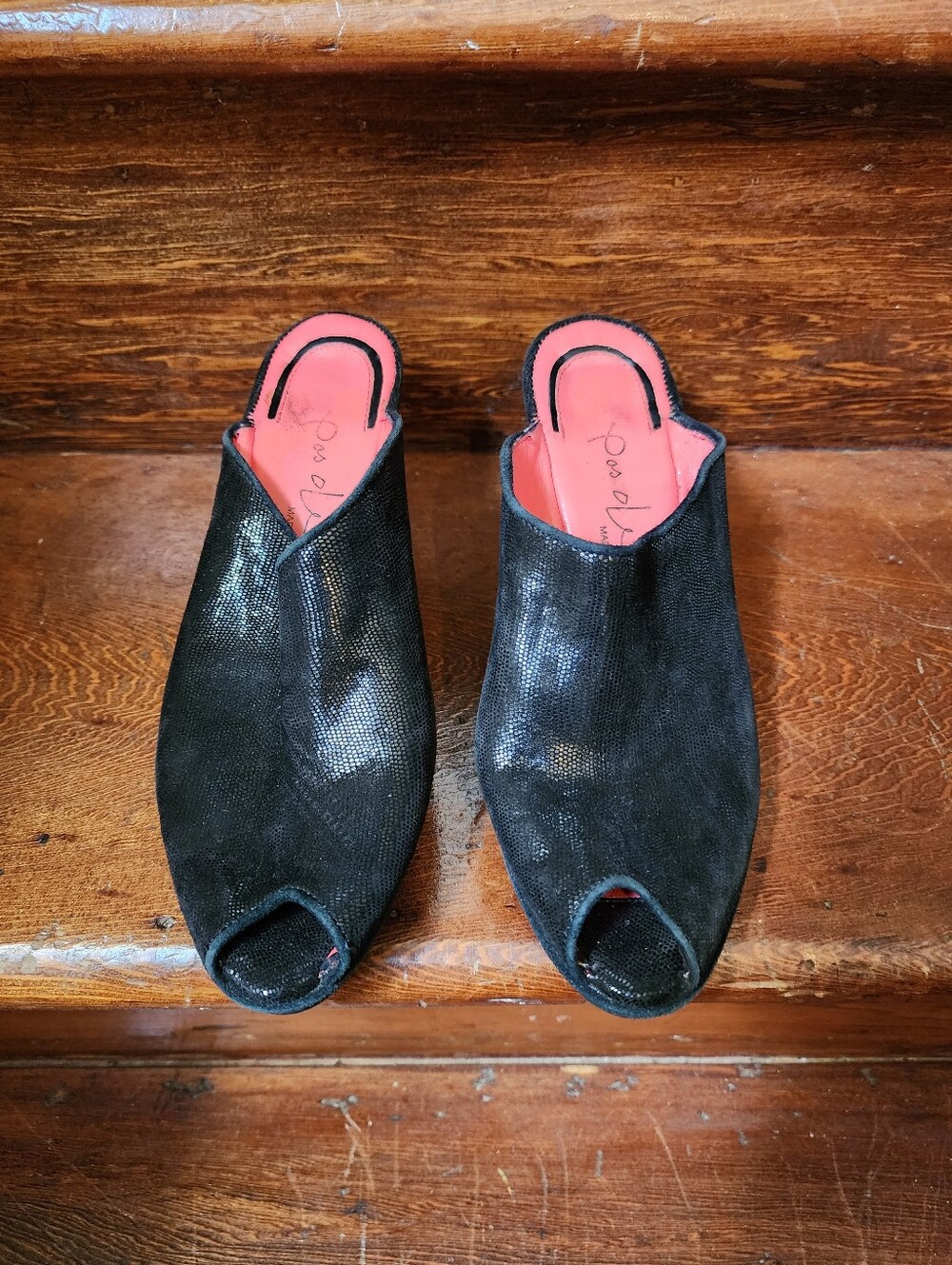 Pas De Rouge Black Leather Open Toe Mules Size 37 1/2 (7 1/2 U S)-Made In Italy